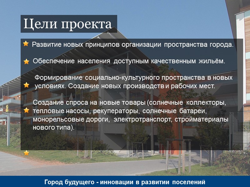 Цели проекта      Развитие новых принципов организации пространства города. 